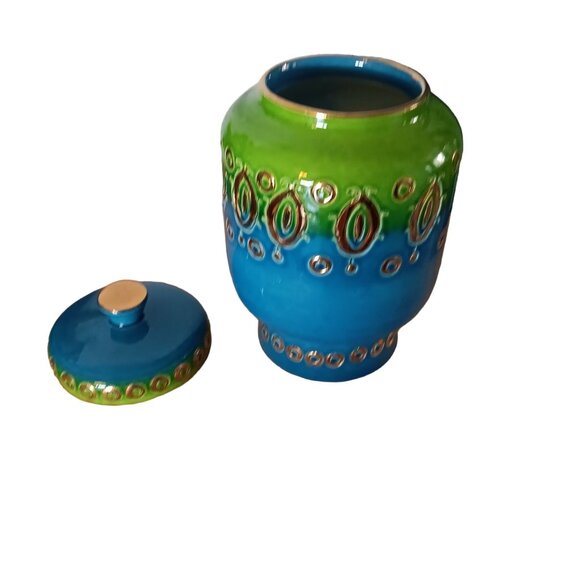 Vintage Rosenthal Netter Italian Ceramic Jar With Lid Green & Blue Handpainted - Picture 2 of 7